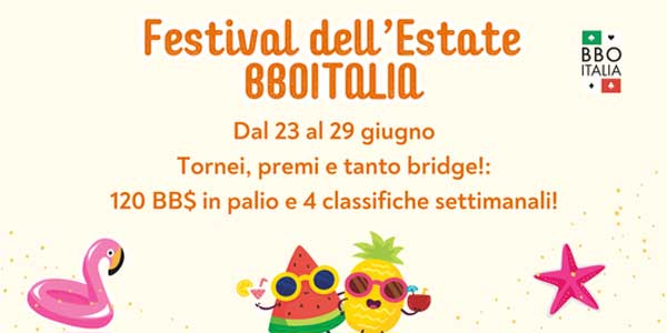 Festival dell’Estate BBOITALIA – dal 23 al 29 giugno. Tornei, premi e tanto bridge!